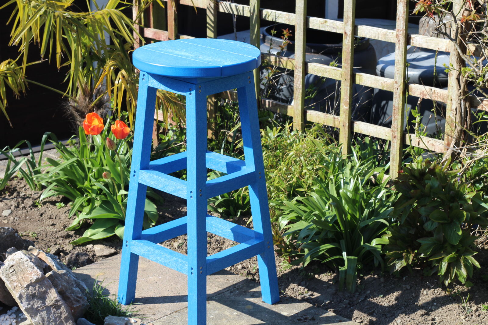 Blue recycled plastic outdoor bar stool product shot | Mobek